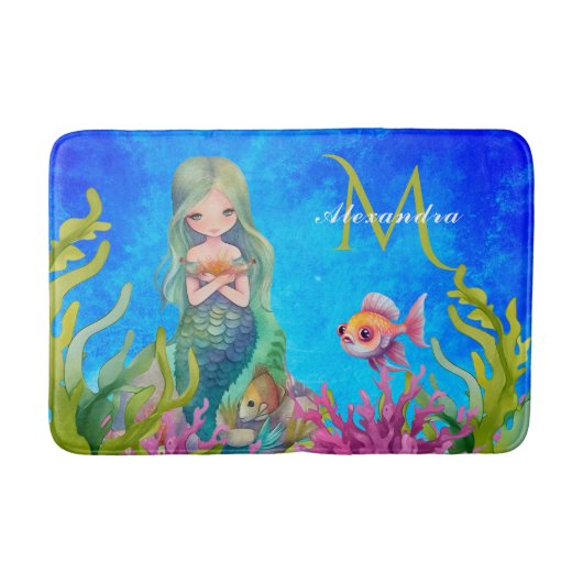 Ocean Blue Niedlich Monogram Name Mermaid Bath Mat Badematte (Vorderseite)