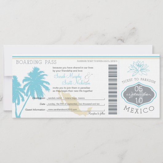 Ocean Blue Palm Tree Mexiko Hochzeit Boarding Pass Einladung (Vorderseite)