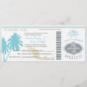Ocean Blue Palm Tree Mexiko Hochzeit Boarding Pass Einladung