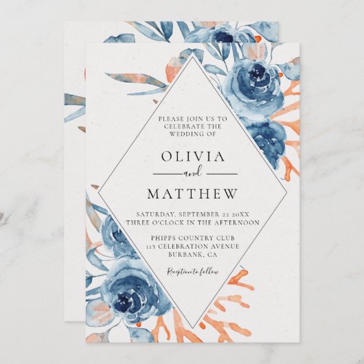 Ocean Blue Rose Coral Hochzeit in Urlaubsort Einladung (Vorne/Hinten)