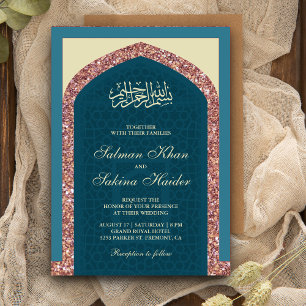 Ocean Blue Rose Gold Glitzer Mihrab Muslim Wedding Einladung