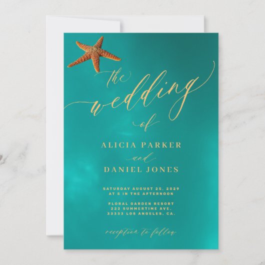 Ocean Blue Script Beach Hochzeit in Urlaubsort Einladung (Vorderseite)