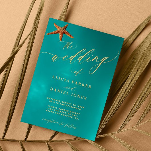 Ocean Blue Script Beach Hochzeit in Urlaubsort Einladung