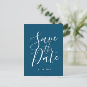 Ocean Blue Script Save the Date Hochzeitskarte Postkarte (Stehend Vorderseite)