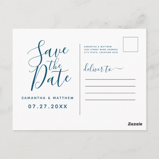 Ocean Blue Script Save the Date Hochzeitskarte Postkarte (Rückseite)