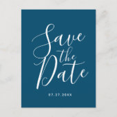 Ocean Blue Script Save the Date Hochzeitskarte Postkarte (Vorderseite)