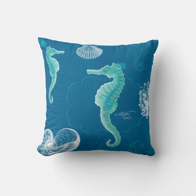 Ocean Blue Seepferd Vintag Handschrift Scrolls Kissen (Vorderseite)