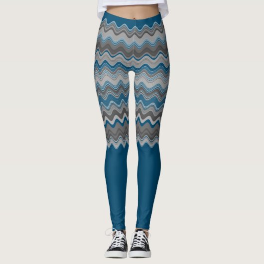 Ocean Blue Silver Gray Wavy Zigzag Muster Le Leggings (Vorderseite)