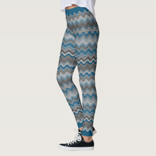 Ocean Blue Silver Gray Wavy Zigzag Muster Leggings
