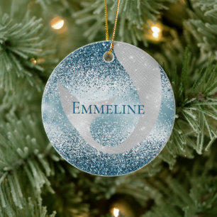 Ocean Blue Silver Mermaid Sparkle Glitter Keramik Ornament