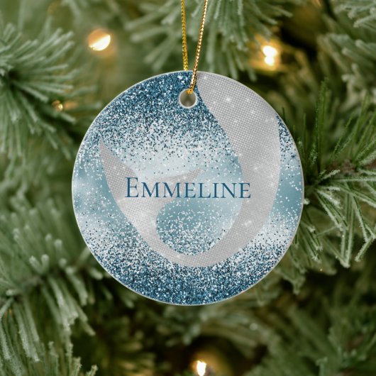 Ocean Blue Silver Mermaid Sparkle Glitzer Keramik Ornament (Baum)