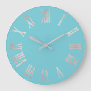 Ocean Blue Silver Metallic Grau römische Zahlen Große Wanduhr