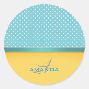Ocean Blue, Sunny Beach, Silver Hearts Monogram Runder Aufkleber