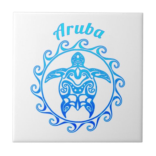 Ocean Blue Tribal Turtle Aruba Fliese (Vorderseite)