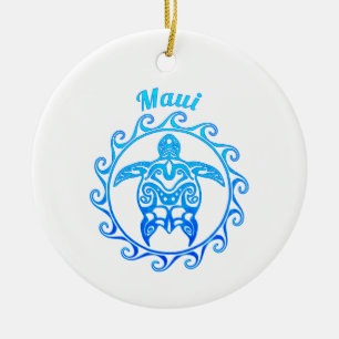 Ocean Blue Tribal Turtle Maui Keramik Ornament