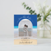 Ocean Blue Tropical Beach Foto Arch Save the Date Dankeskarte (Stehend Vorderseite)