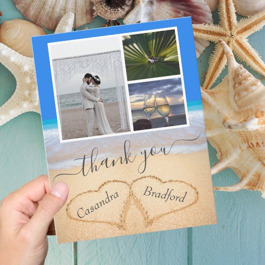 Ocean Blue Tropical Beach Herz in Sand Wedding Dankeskarte