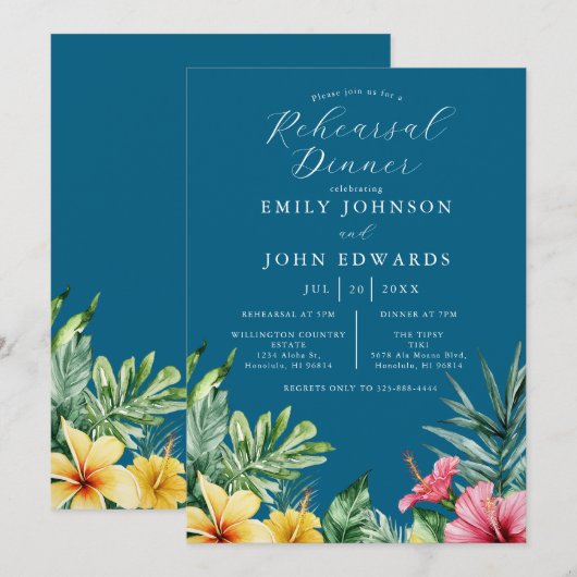 Ocean Blue Tropical Blume Probe Dinner Einladung (Vorne/Hinten)