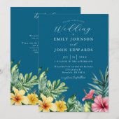 Ocean Blue Tropical Floral QR Code Hochzeit Einladung (Vorne/Hinten)