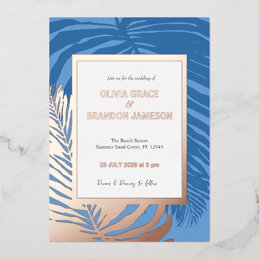 Ocean Blue Tropical Palm Leaf Hochzeit Folieneinladung (Vorderseite)