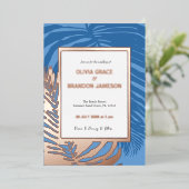 Ocean Blue Tropical Palm Leaf Hochzeit Folieneinladung (Stehend vorne)