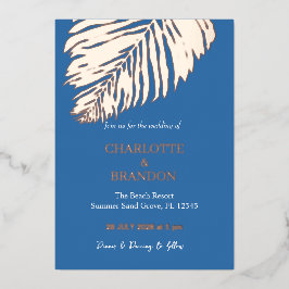 Ocean Blue Tropical Palm Leaf Wedding Gold Folieneinladung