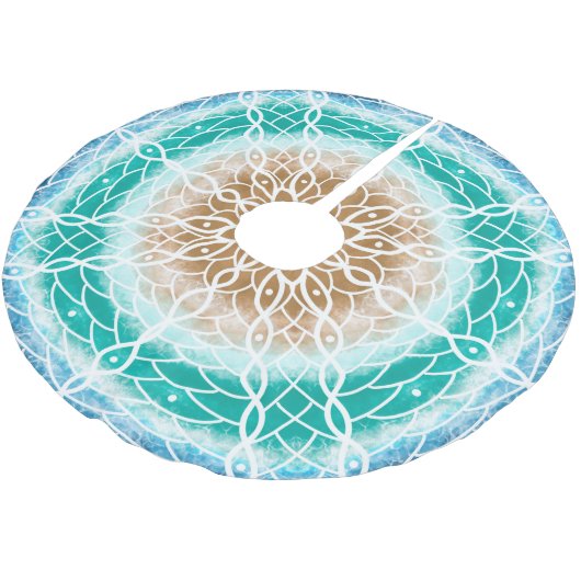 Ocean Blue und Aquamarin Mandala Polyester Weihnachtsbaumdecke (Schrägansicht)