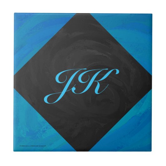 Ocean Blue und Black Monogram Fliese (Vorderseite)