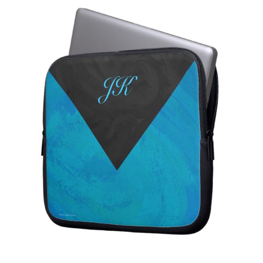 Ocean Blue und Black Monogram Laptopschutzhülle (Vorderseite Links)
