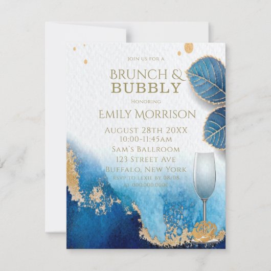 Ocean Blue und Gold Agate Brunch und Bubbly Einladung (Vorderseite)