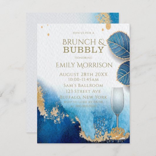 Ocean Blue und Gold Agate Brunch und Bubbly Einladung (Vorne/Hinten)