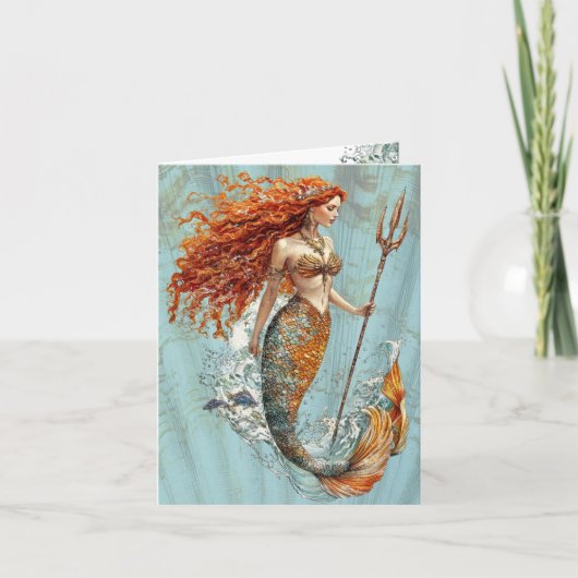 Ocean Blue Vintage Mermaid Folded Note Card (Vorderseite)