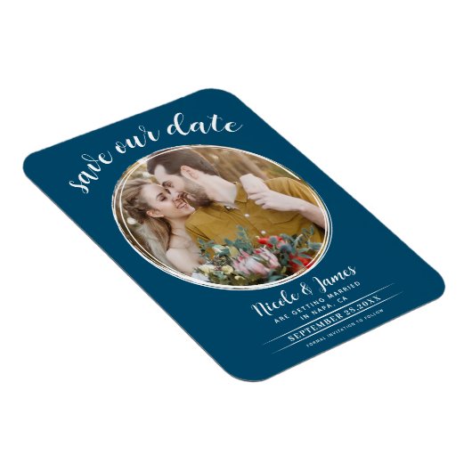 Ocean Blue White Modern Round Foto Save the Date Magnet (Rechte Seite)