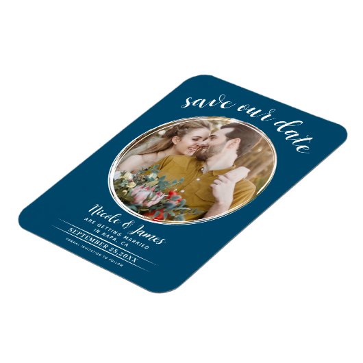 Ocean Blue White Modern Round Foto Save the Date Magnet (Linke Seite)