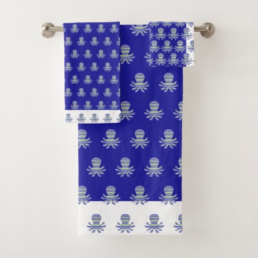 Ocean Blue White Trim Octopus Kinder Badetuch Set (Insitu)