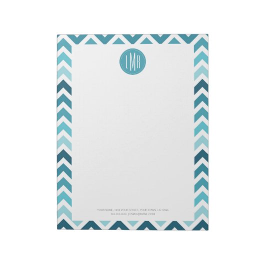 Ocean Blue Zickzack Ombre ZigZag Mit Monogramm Notizblock (Rotiert)