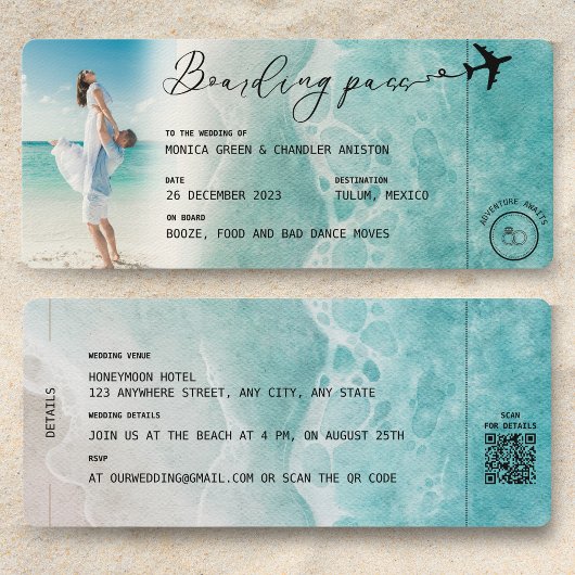 Ocean Boarding Pass Hochzeit in Urlaubsort QR-Code Einladung