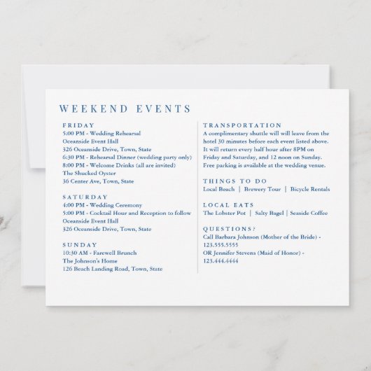 Ocean City Maryland Wedding Welcome and Itinerary Dankeskarte (Rückseite)