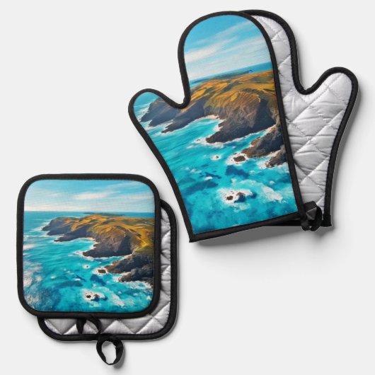 Ocean Cliffs: Wilde Küste Ofenhandschuh & Topflappen-Set (Vorderseite/Rückseite)