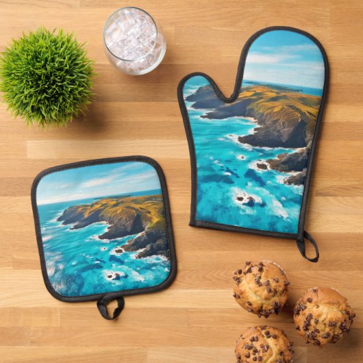 Ocean Cliffs: Wilde Küste Ofenhandschuh & Topflappen-Set (Oben Unten)