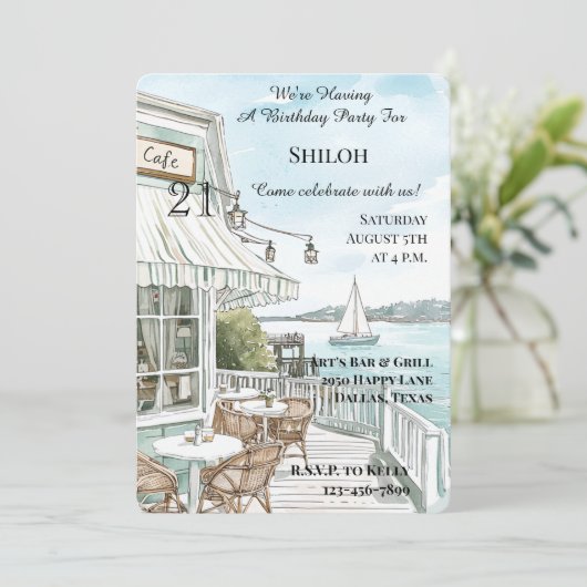 Ocean Coast Café Geburtstag Einladung (Stehend Vorderseite)