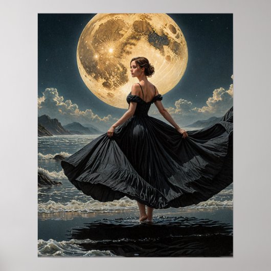 Ocean Dance Under the Moon Woman in Black Dress Poster (Vorne)