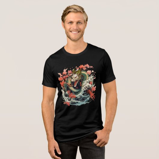 Ocean Dragon with Sakura and Waves Tri-Blend Shirt (Vorderseite voll)