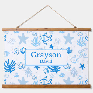 Ocean Fish Individuelle Name Kinderzimmer Boys Roo Wandteppich Mit Holzrahmen