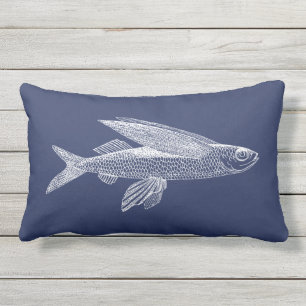 Ocean Fish Navy Blue White Outdoor Lumbar Pillow Kissen Für Draußen