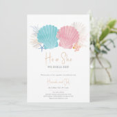 Ocean Gender Reveal He or She Baby Shower laden Einladung (Stehend Vorderseite)