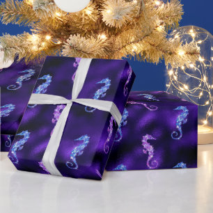 Ocean Glamour Purple Foil & Glitter Seahorses Geschenkpapier