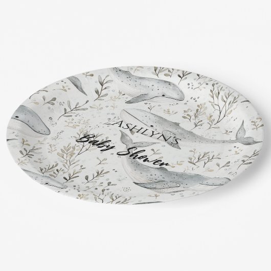 Ocean Gray Whales Baby Shower Pappteller (Schrägansicht)