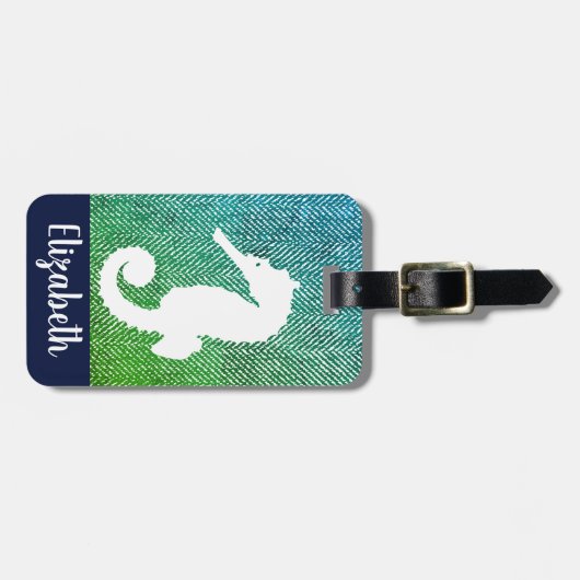 Ocean Hues Herringbone & White Seepferd Gepäckanhänger (Vorderseite horizontal)