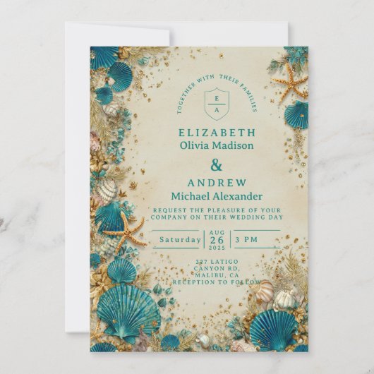 Ocean Inspired Seashell Wedding Einladung (Vorderseite)